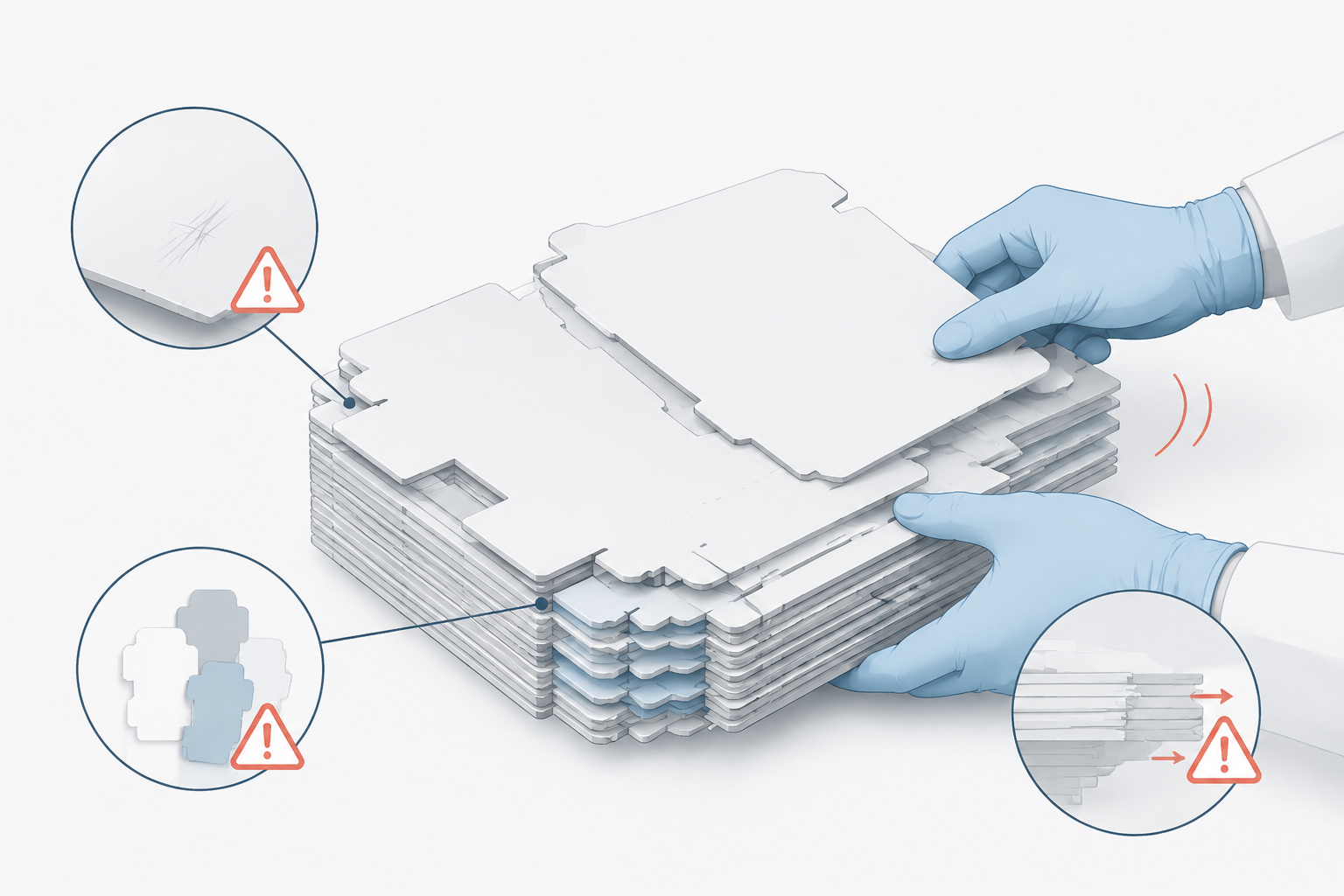 Medicine carton blanks showing handling risks from manual sorting and restacking