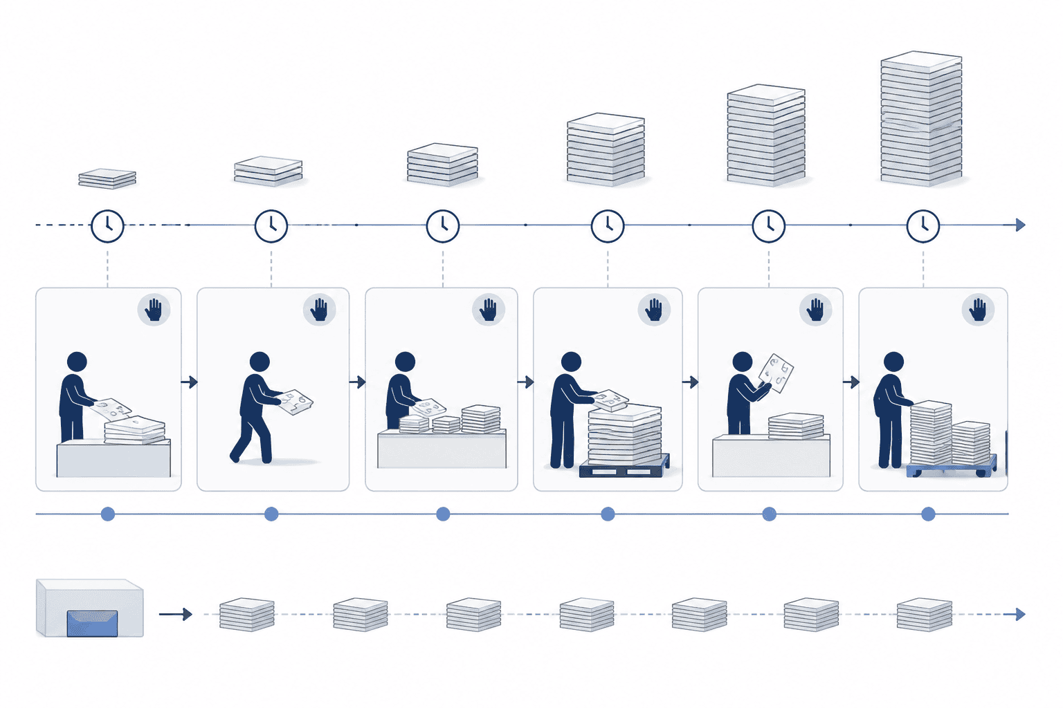 Process diagram showing post-die-cut handling bottlenecks in paperboard cartons