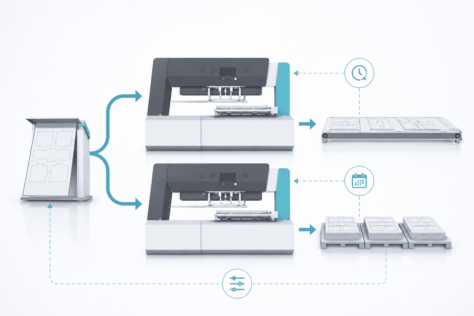 Editorial illustration of a decoupled blanking workflow with separate scheduling